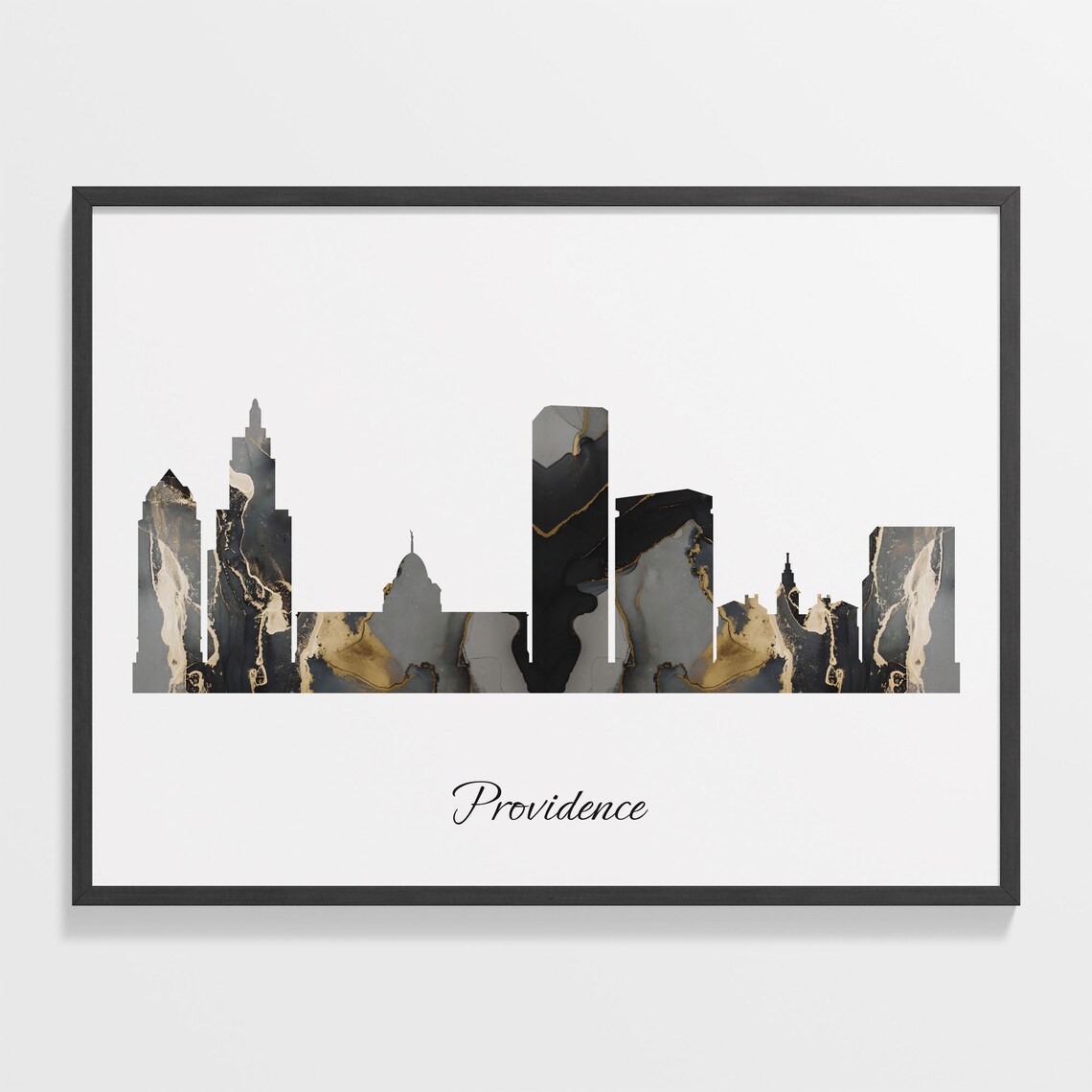 Providence Rhode Island USA Black Gold Marble Skyline Silhouette City Print