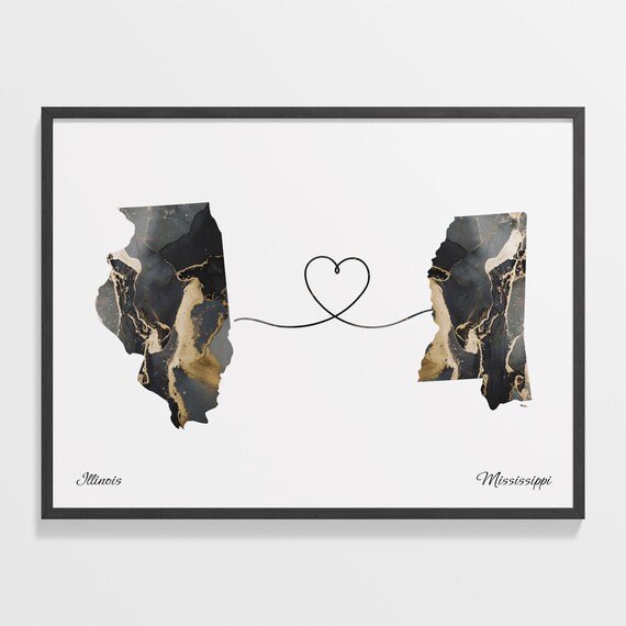 Illinois to Mississippi Two Place Love Map in Gold Marble Poster