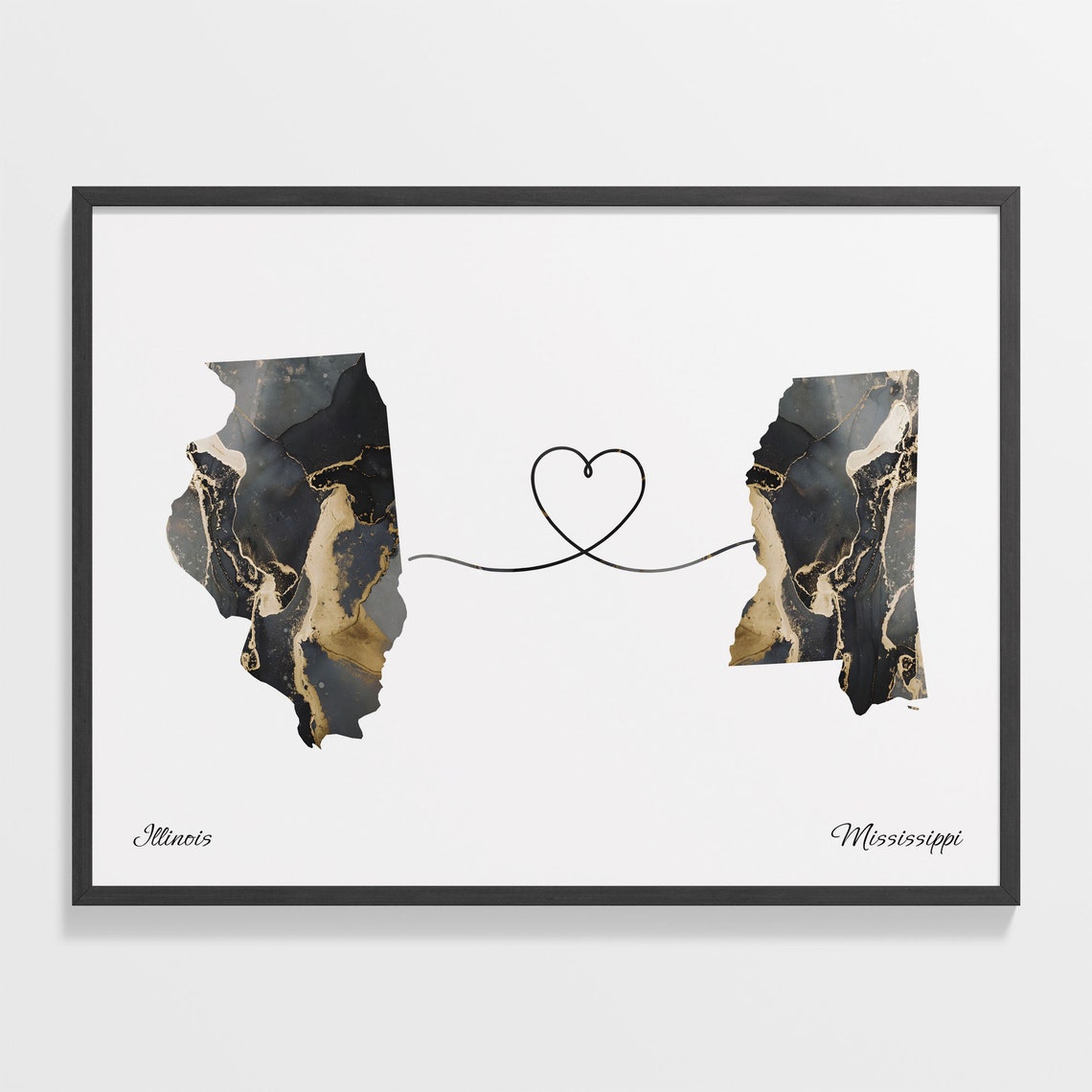 Illinois to Mississippi Two Place Love Map in Gold Marble Poster