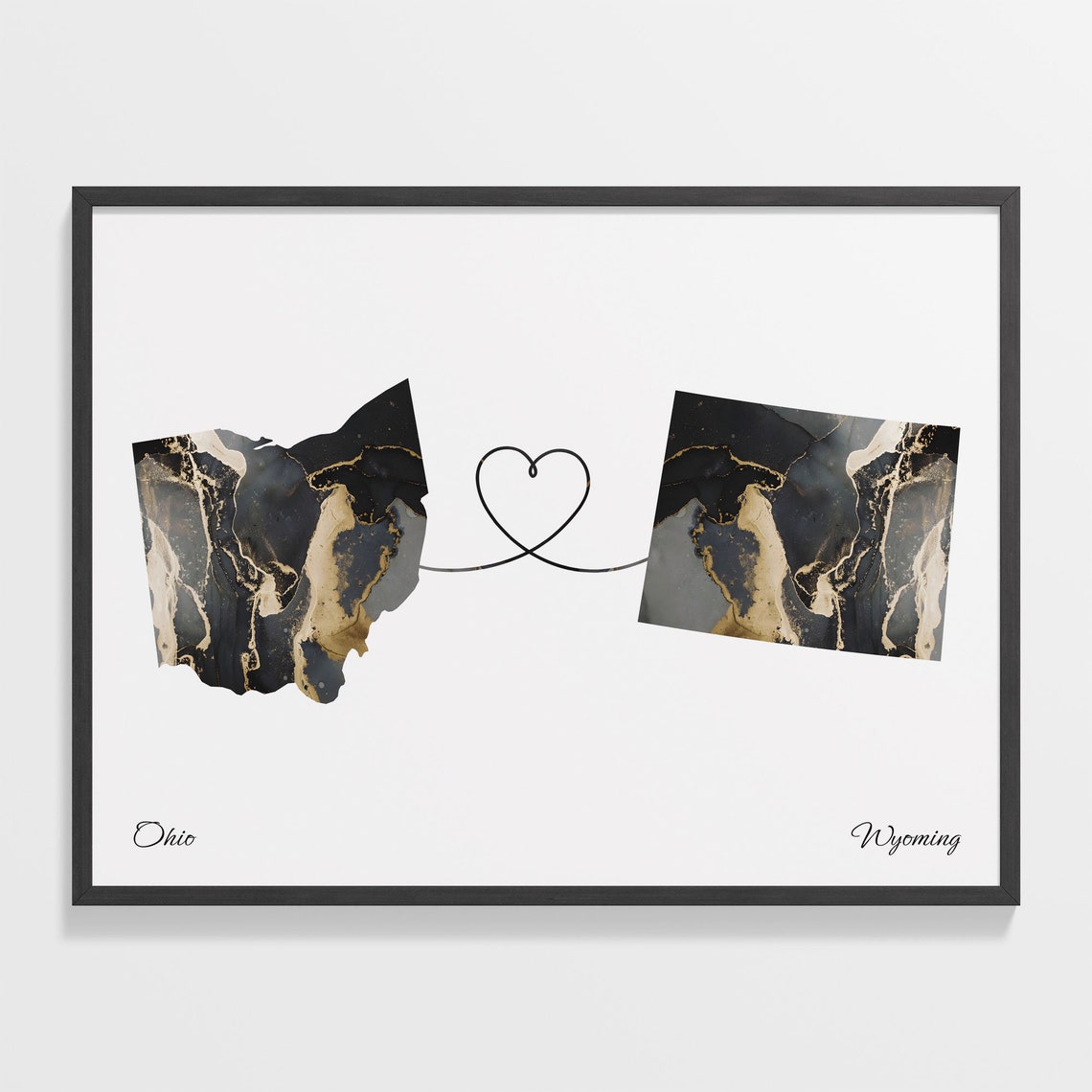 Ohio Wyoming Long Distance Love Black Gold Marble Map Poster