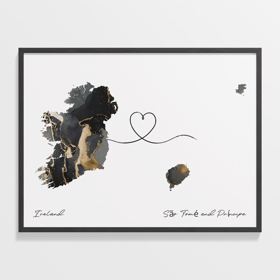 Ireland and Sao Tome and Principe Black and Gold Marble Two Countries Map Poster