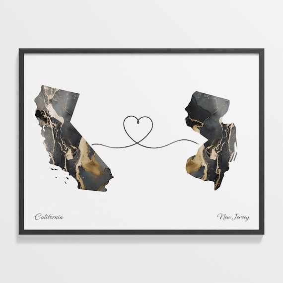 California to New Jersey Map Poster, Travel Art