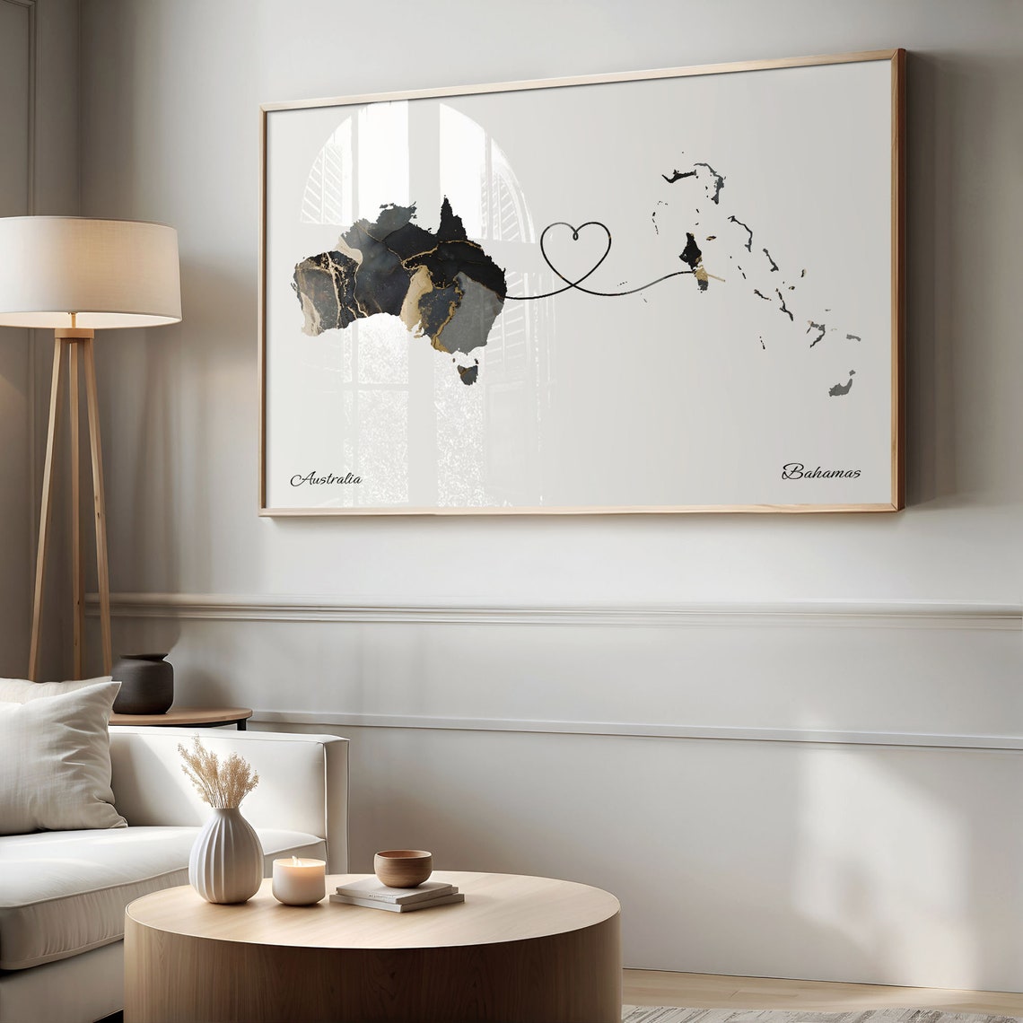 Australia to Bahamas Black Gold Marble Heart Connection Map Poster - Image 2