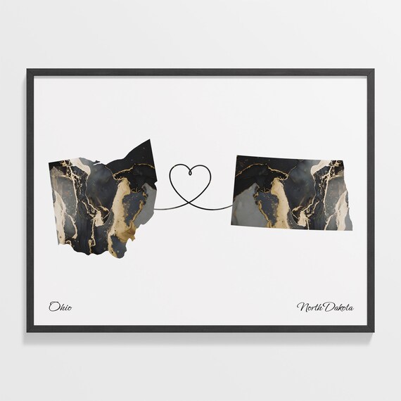 Heart Connection Ohio to North Dakota Black Marble Map Poster
