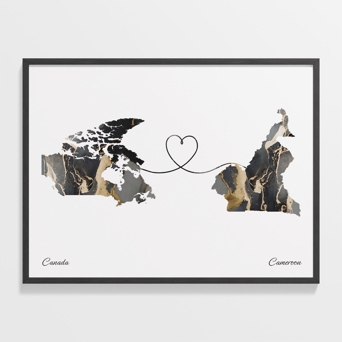Canada and Cameroon Black Gold Marble Heart Map Connection Poster