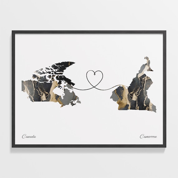Canada and Cameroon Black Gold Marble Heart Map Connection Poster