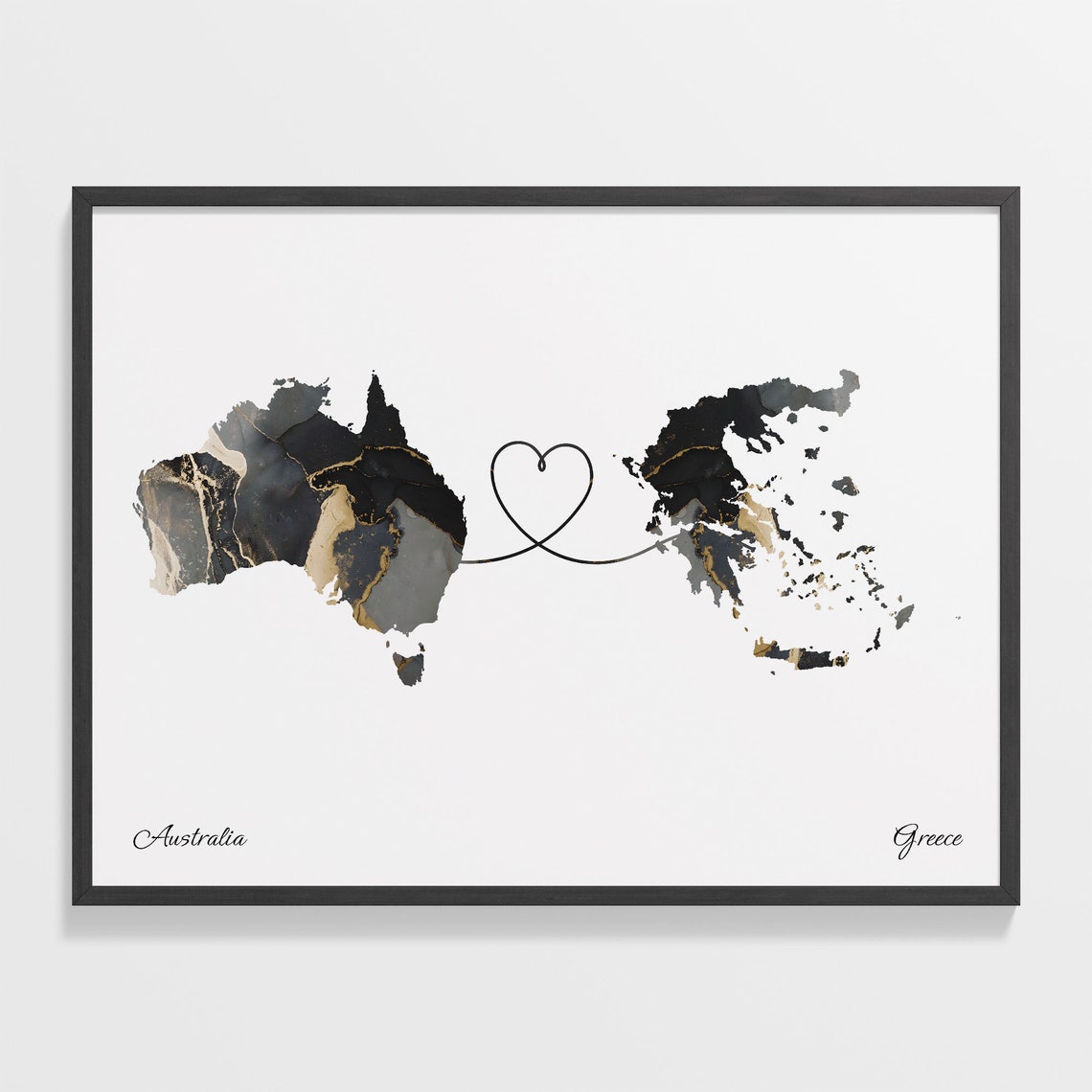 Australia and Greece Black Marble Heart Connection Map Poster
