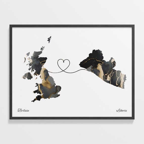 Britain to Liberia Heart Connected Long Distance Marble Map Poster