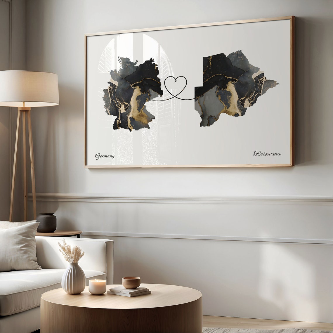 Germany and Botswana Black Gold Marble Two Country Love Map Poster - Image 2