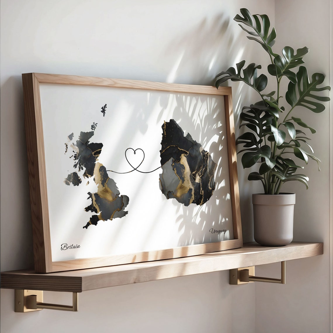 Britain and Uruguay Black Gold Marble Two Country Love Map Poster - Image 3