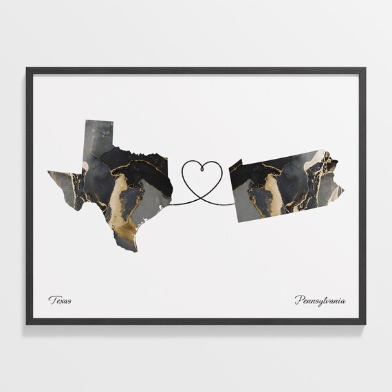 Texas Pennsylvania Long Distance Love Black Marble Heart Map Poster