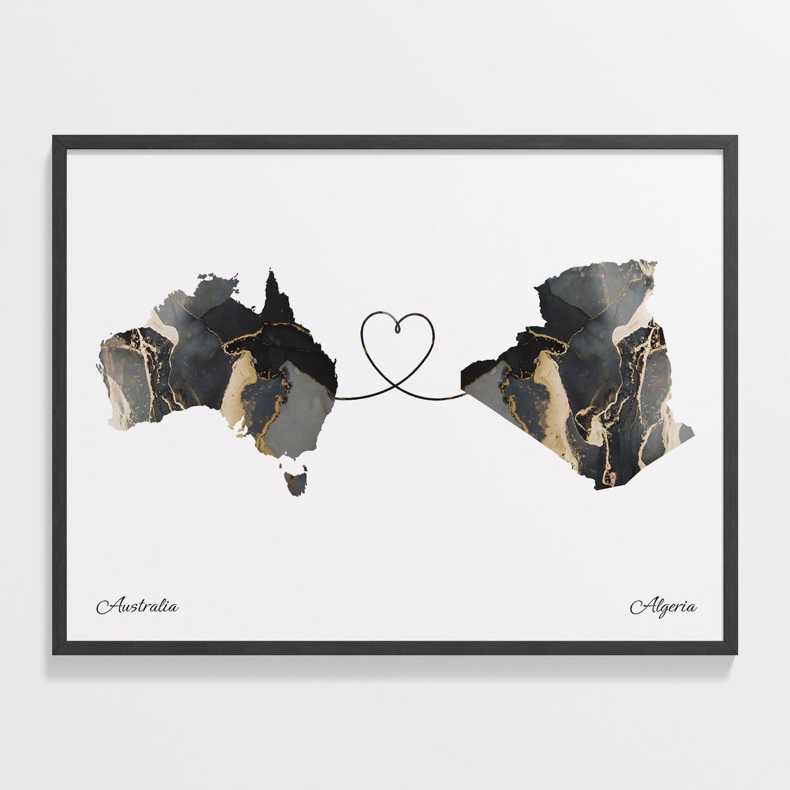 Australia and Algeria Two Countries Black Gold Marble Map Poster