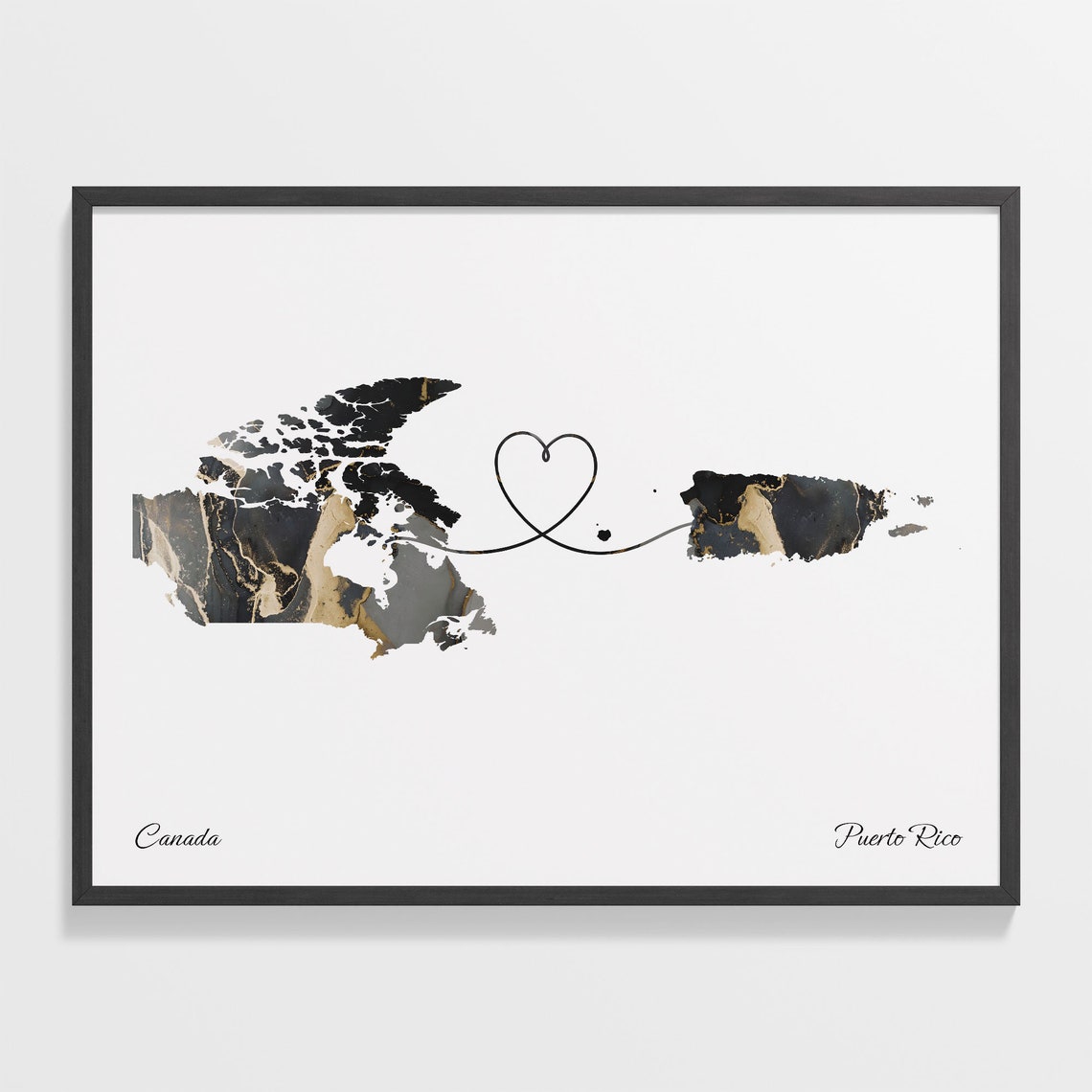 Canada and Puerto Rico Two Countries Black Gold Marble Map Poster
