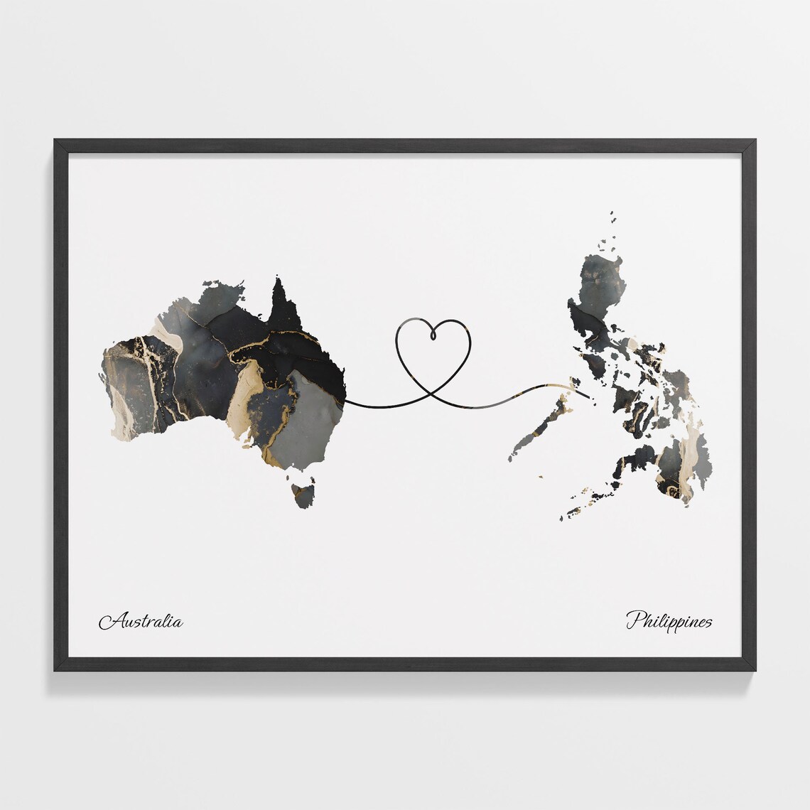 Australia and Philippines Black Gold Marble Map Heart Connection Poster