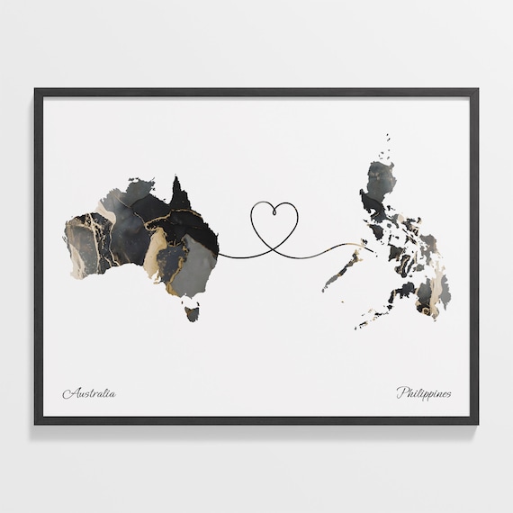 Australia and Philippines Black Gold Marble Map Heart Connection Poster