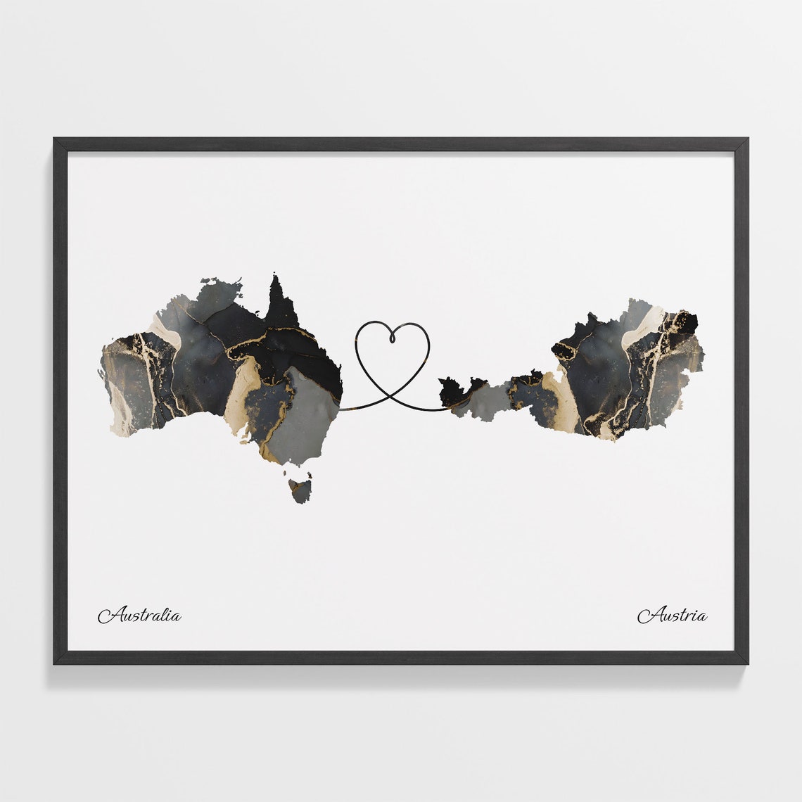 Australia and Austria Black Gold Marble Heart Connection Map Poster