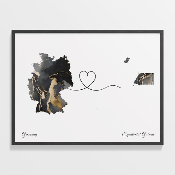 Germany and Equatorial Guinea Marble Heart Connected Countries Map Poster