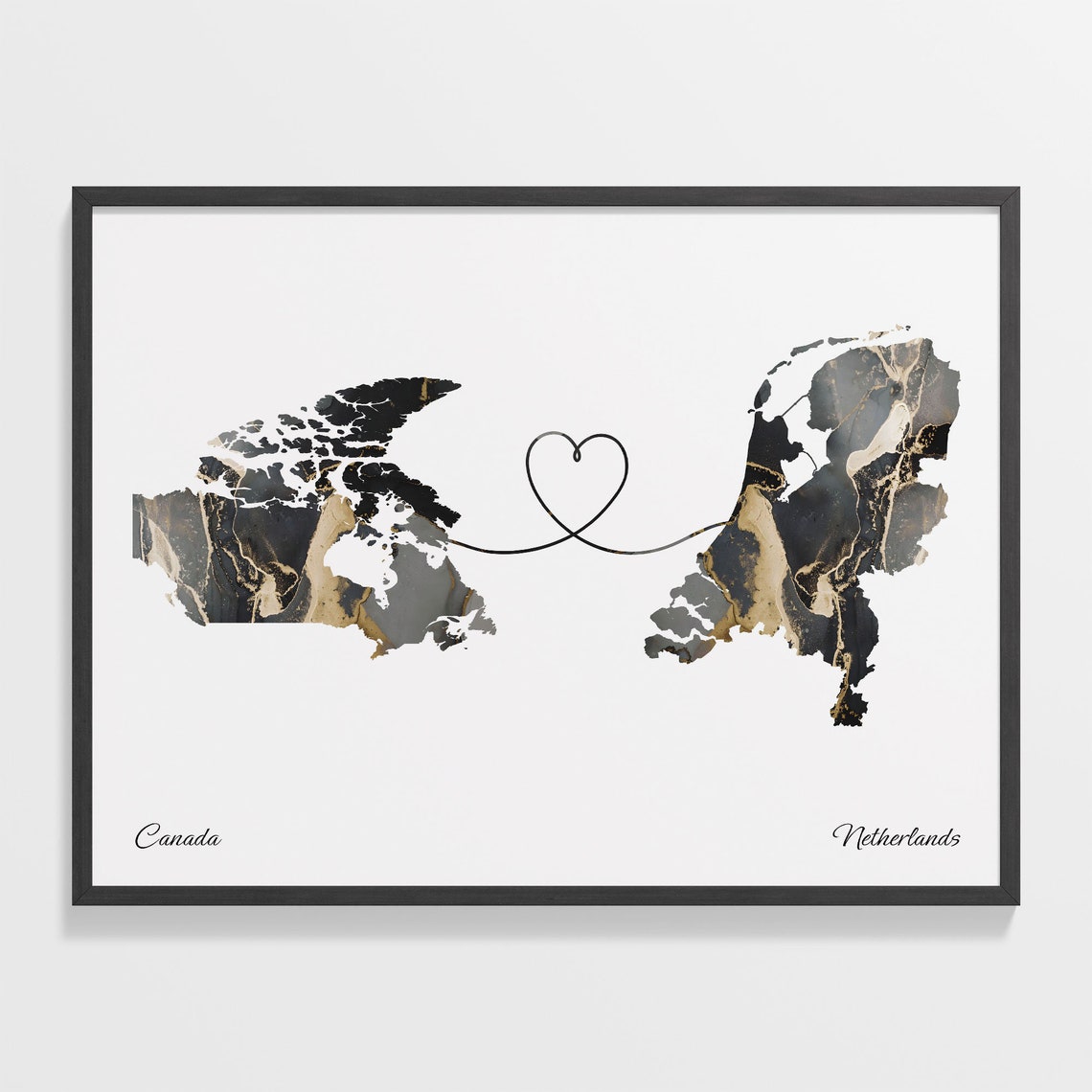 Canada and Netherlands Two Countries Black Gold Marble Map Poster