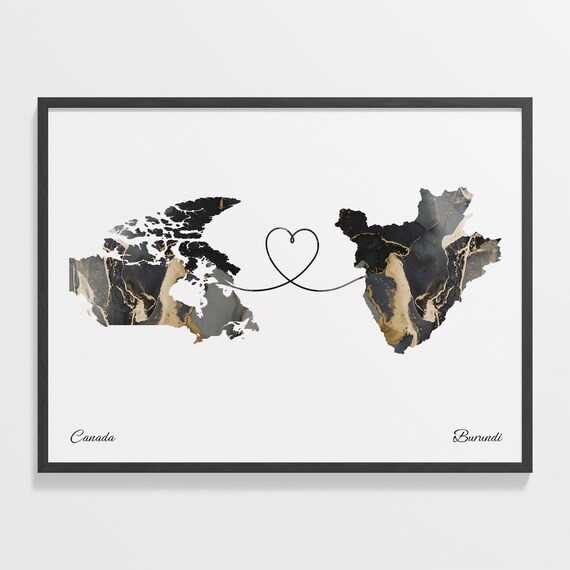 Canada To Burundi Black Gold Marble Long Distance Heart Map Poster