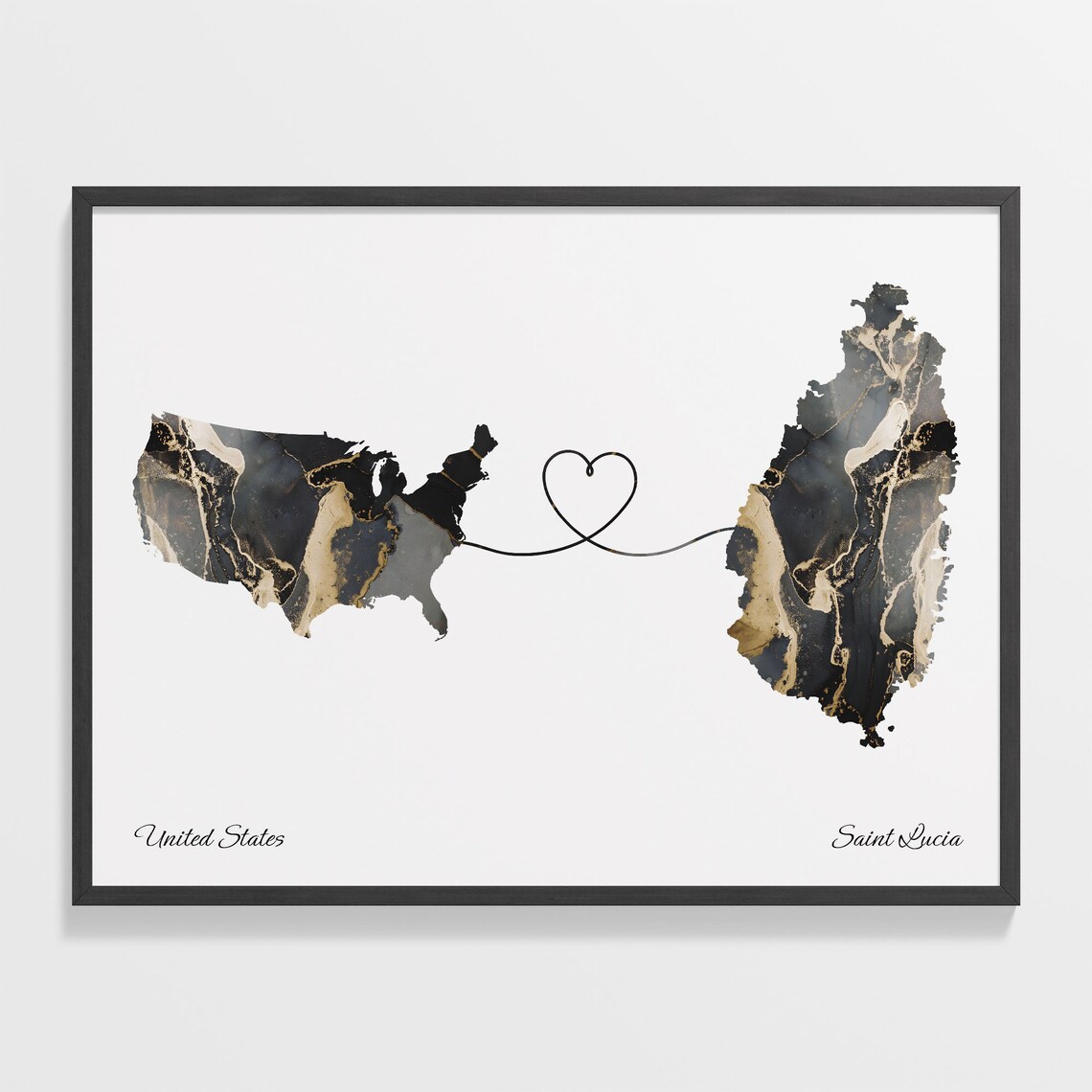 United States to Saint Lucia Marble Heart Map Print Long Distance Relationship Gift