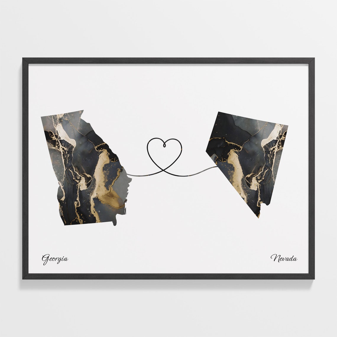 Georgia to Nevada Two State Long Distance Heart Marble Map Poster