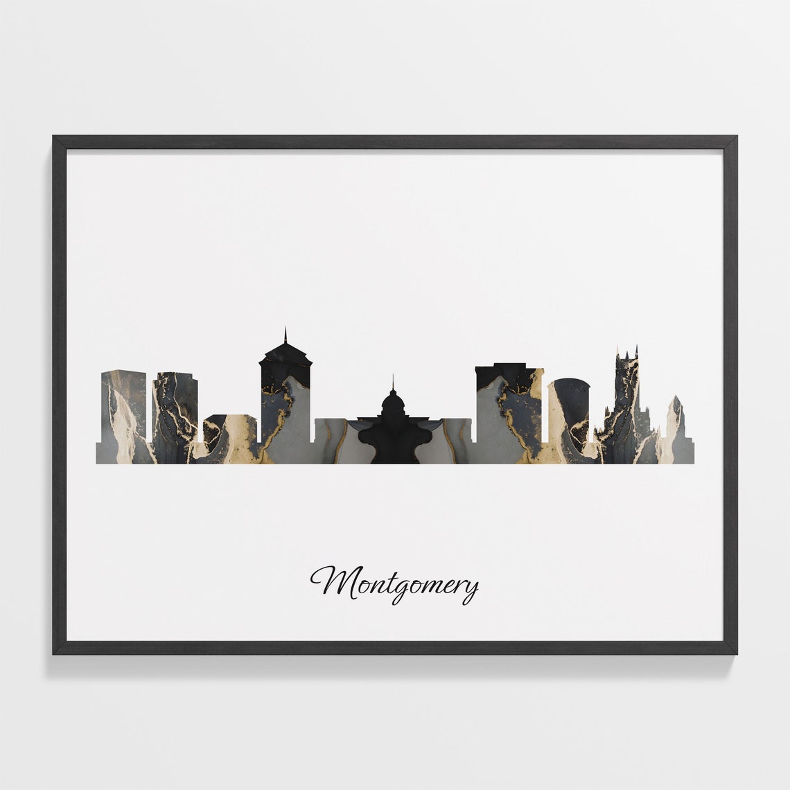 Montgomery Alabama USA Black Gold Marble Skyline Silhouette City Print
