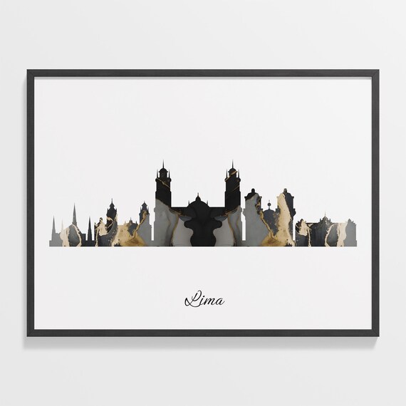Lima Peru Black Gold Marble Colonial Skyline Silhouette Art Poster