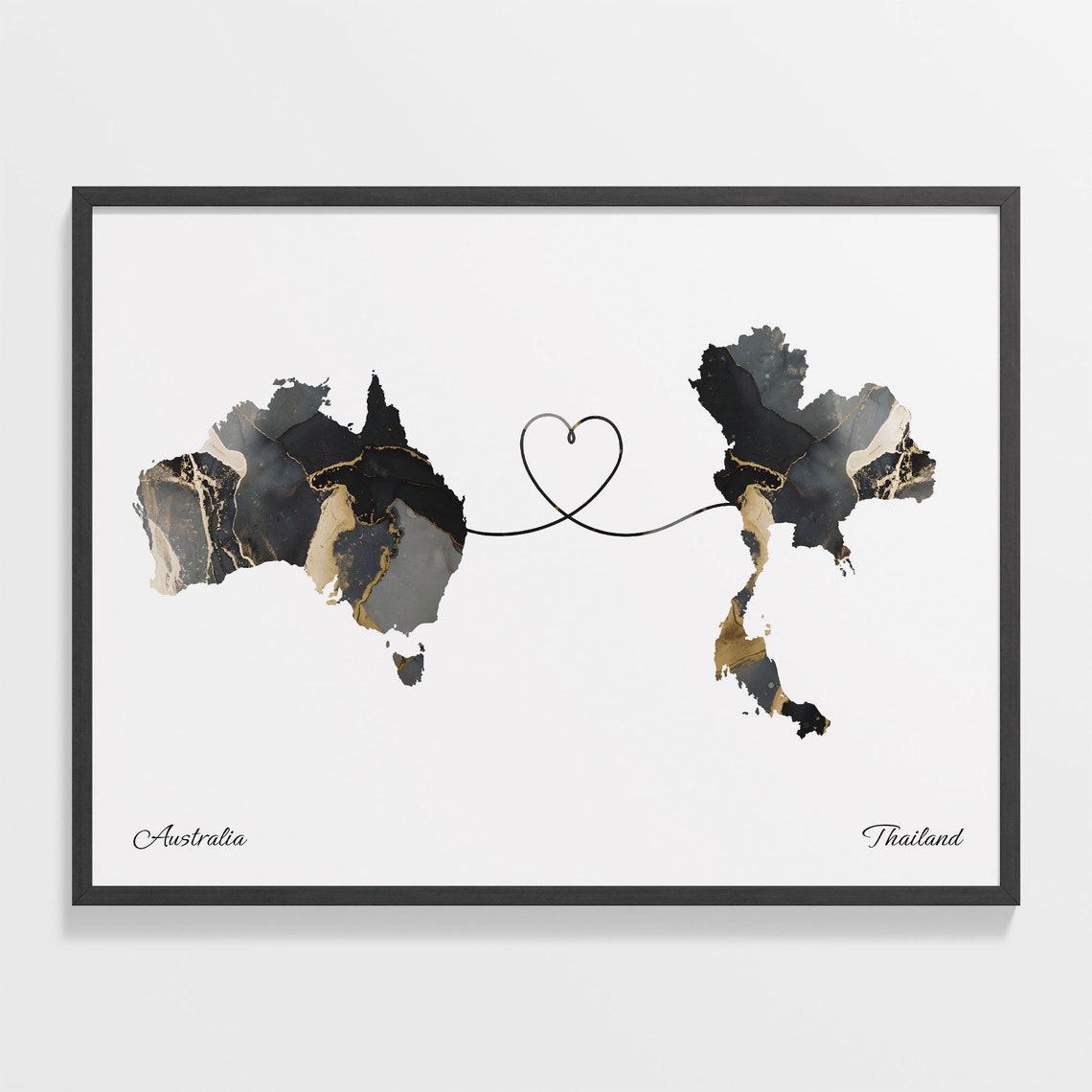 Australia Thailand Long Distance Love Heart Marble Map Gift Poster