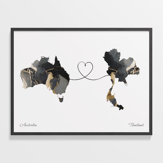 Australia Thailand Long Distance Love Heart Marble Map Gift Poster