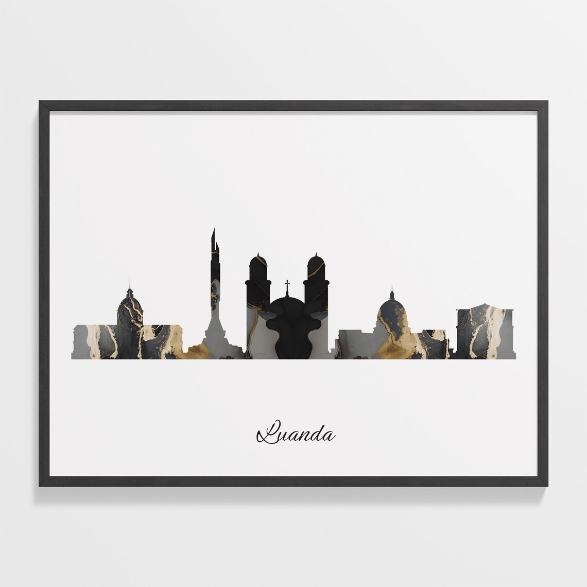 Luanda Skyline Minimalist Black Gold Marble Cityscape Art Poster