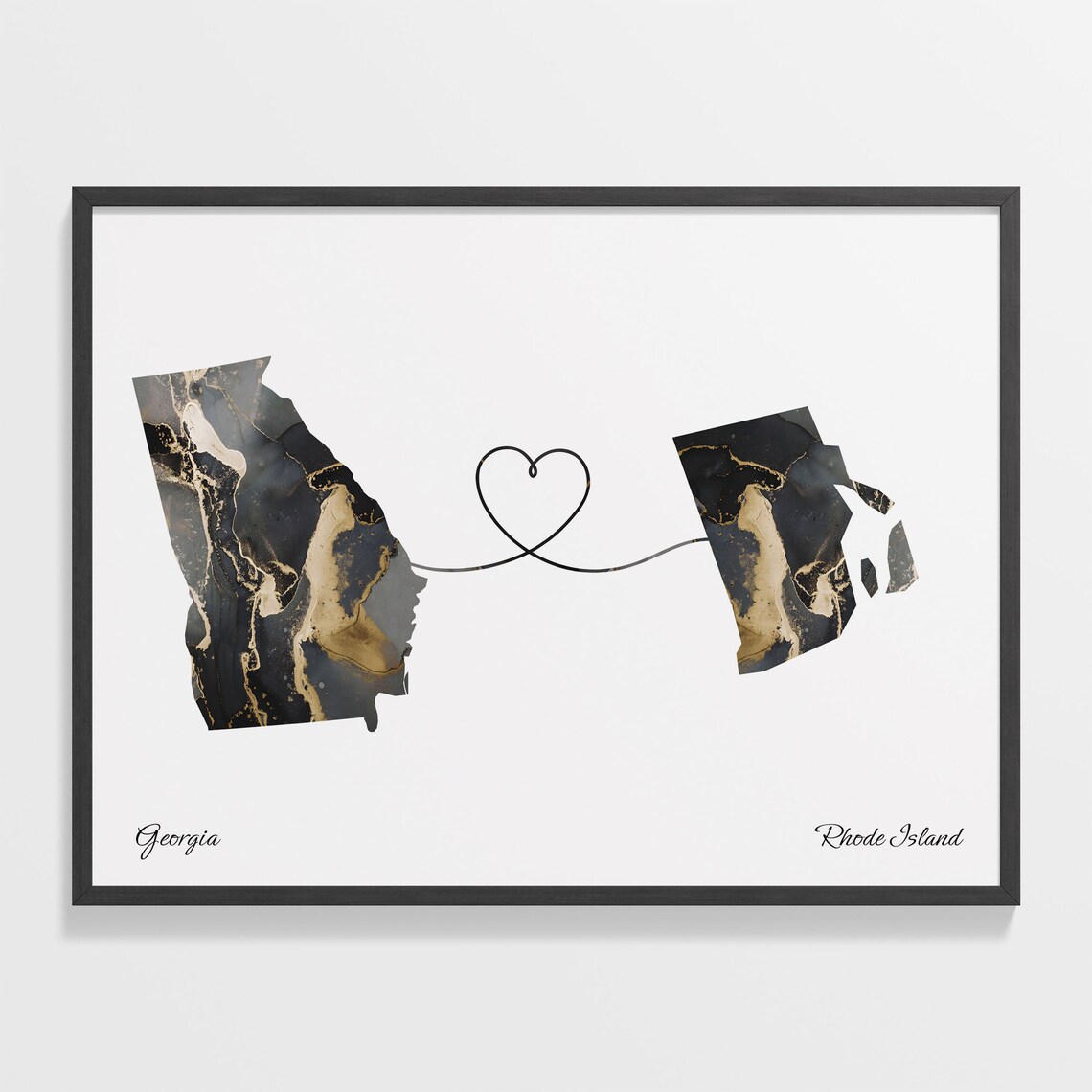 Georgia to Rhode Island Black Marble State Map Long Distance Love Poster