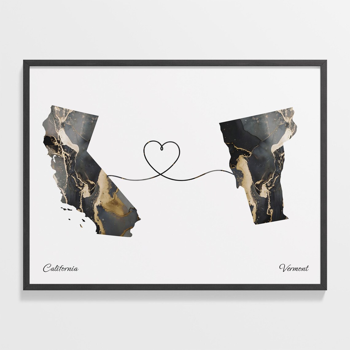 California to Vermont Black Gold Marble Map Heart Line Art Poster