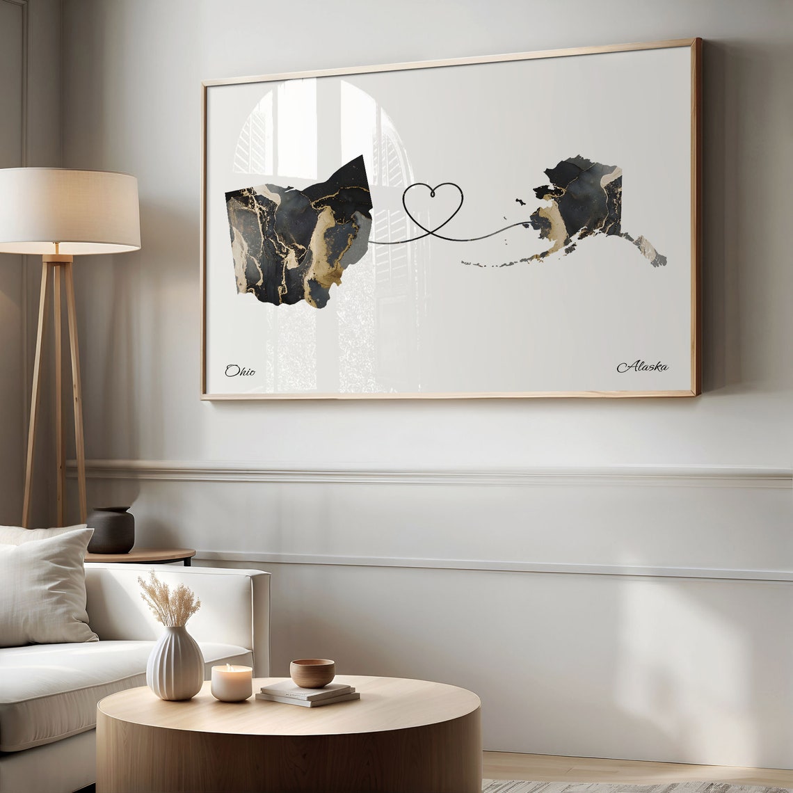 Ohio to Alaska Black Gold Marble Map Heart Connection Poster - Image 2