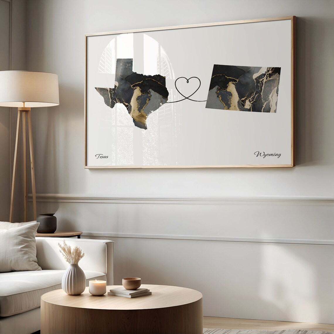 Texas and Wyoming Black Gold Marble Map Heart Connection Poster - Image 2