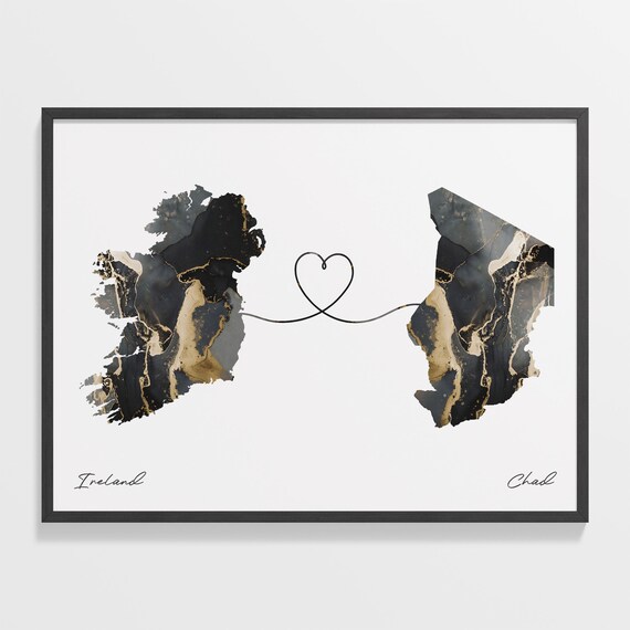 Ireland and Chad Black Gold Marble Map Heart Connection Poster