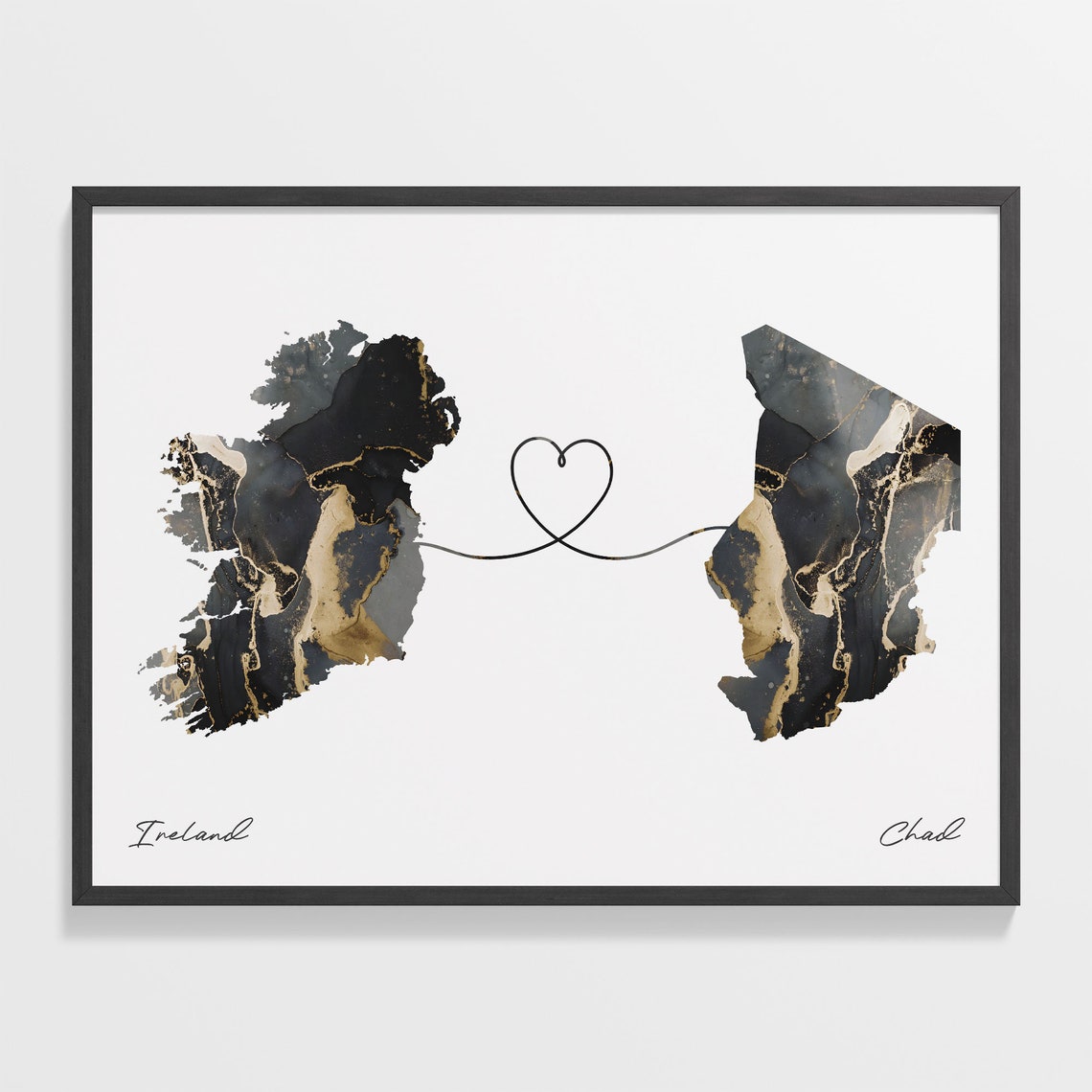 Ireland and Chad Black Gold Marble Map Heart Connection Poster