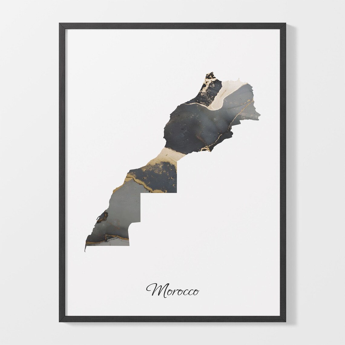 Morocco Black and Gold Marble Country Map Silhouette Minimalist Poster