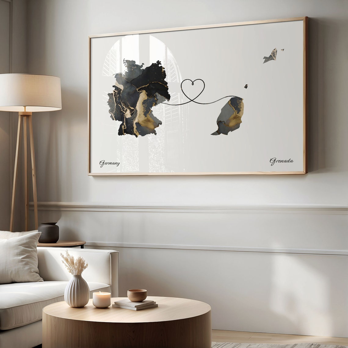 Germany and Grenada Marble Heart Connected Countries Map Poster - Image 2