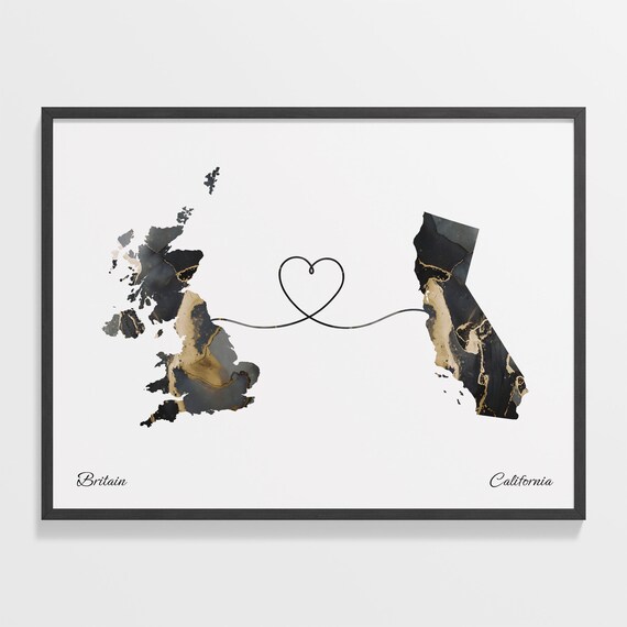 Britain California Long Distance Love Black Gold Marble Map Poster
