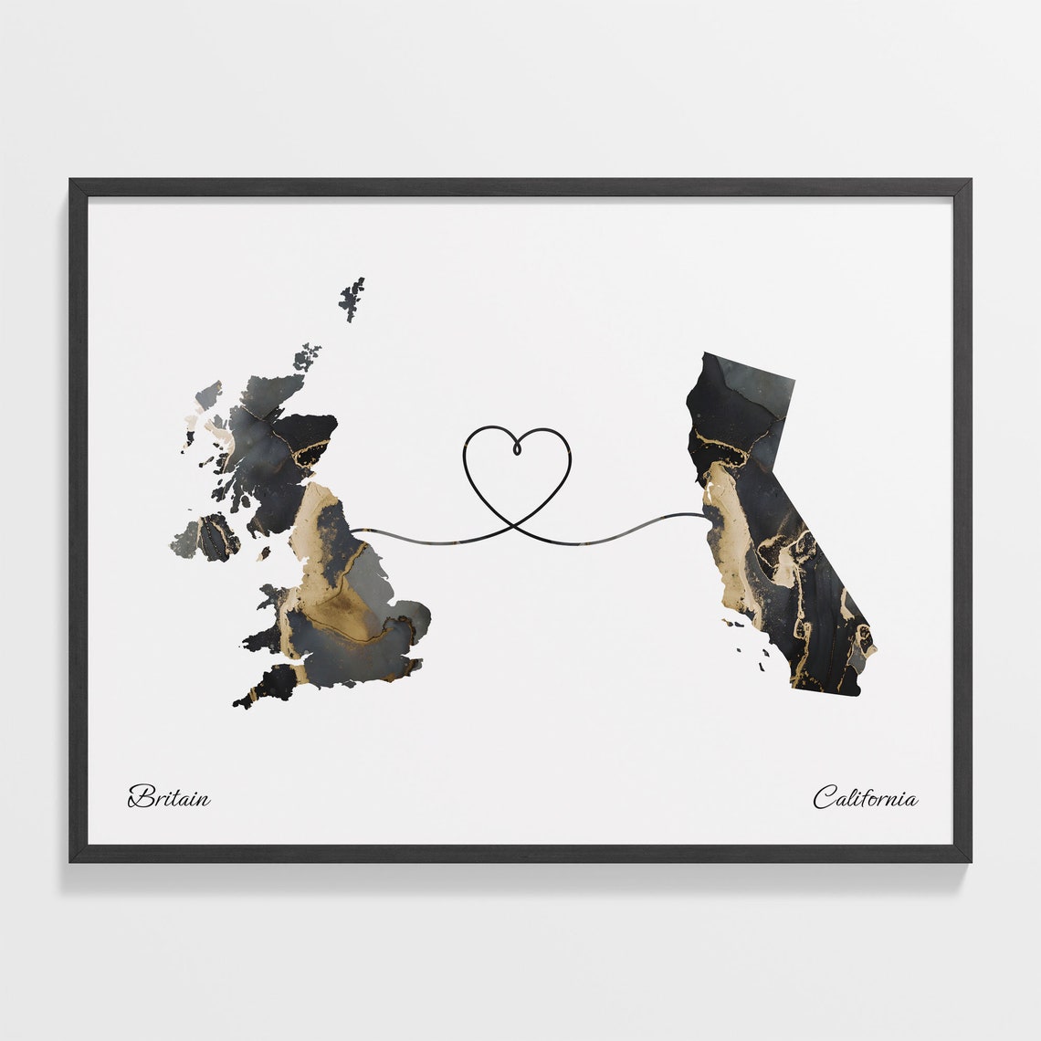 Britain California Long Distance Love Black Gold Marble Map Poster