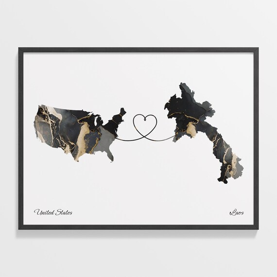United States To Laos Marble Map Heart Poster Long Distance Love Gift