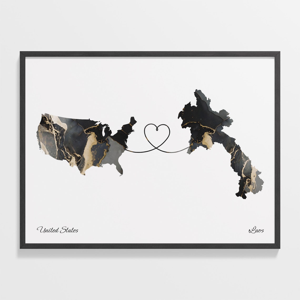 United States To Laos Marble Map Heart Poster Long Distance Love Gift