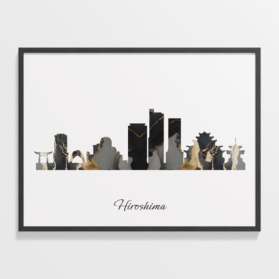 Hiroshima Japan Black Gold Marble Castle Skyline Silhouette Poster