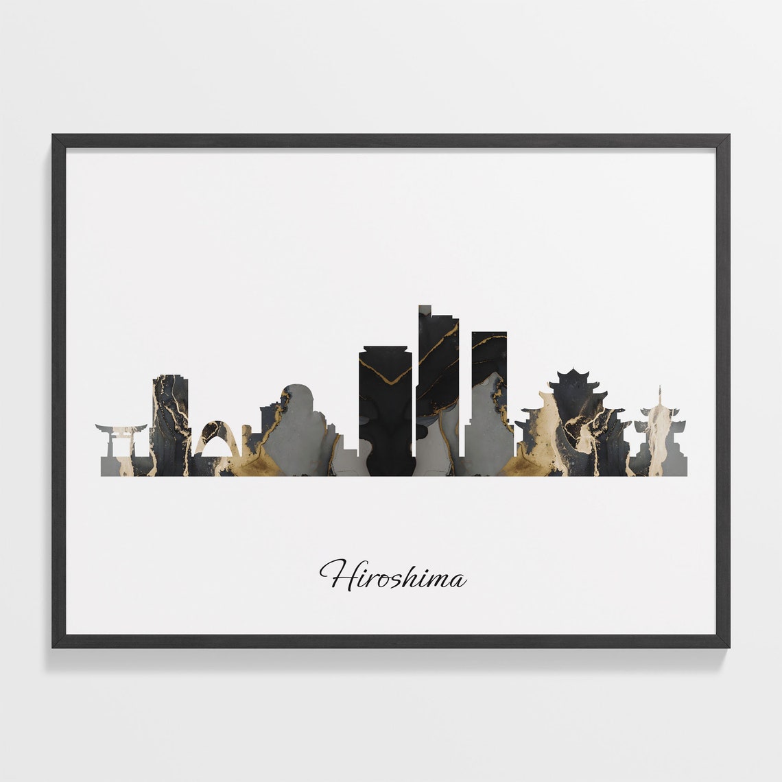 Hiroshima Japan Black Gold Marble Castle Skyline Silhouette Poster