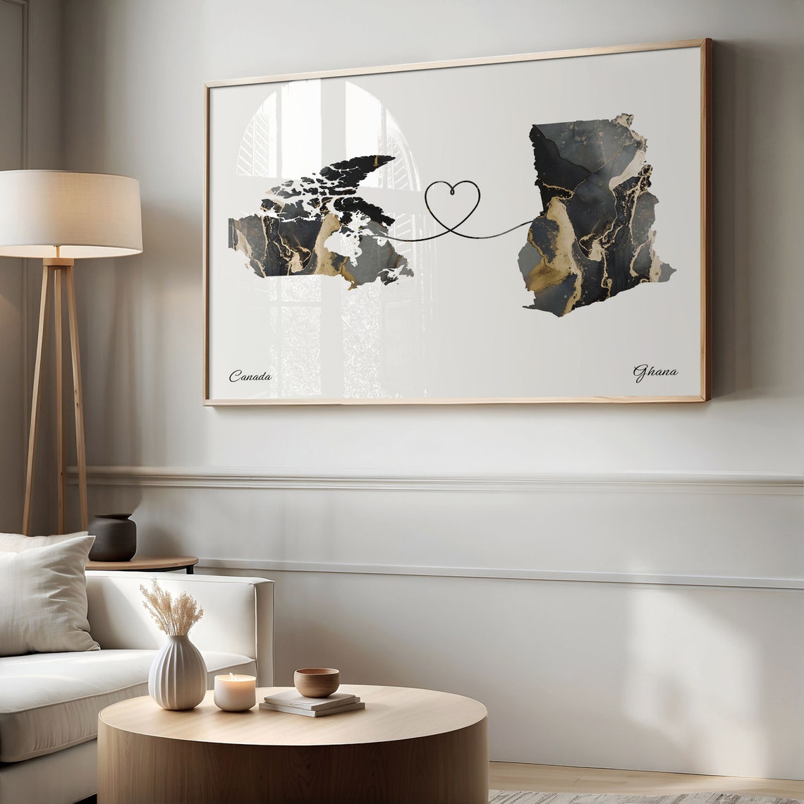 Canada Ghana Long Distance Love Black Marble Heart Map Poster - Image 2