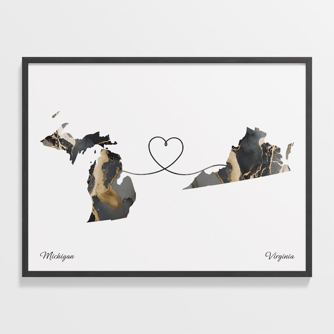 Michigan To Virginia Long Distance Marble Map Heart Print Gift