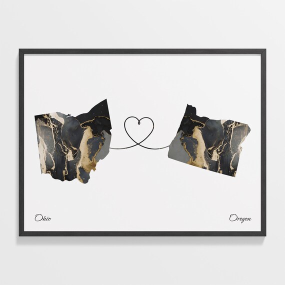 Ohio To Oregon Marble Map Heart Poster Long Distance Travel Love Gift
