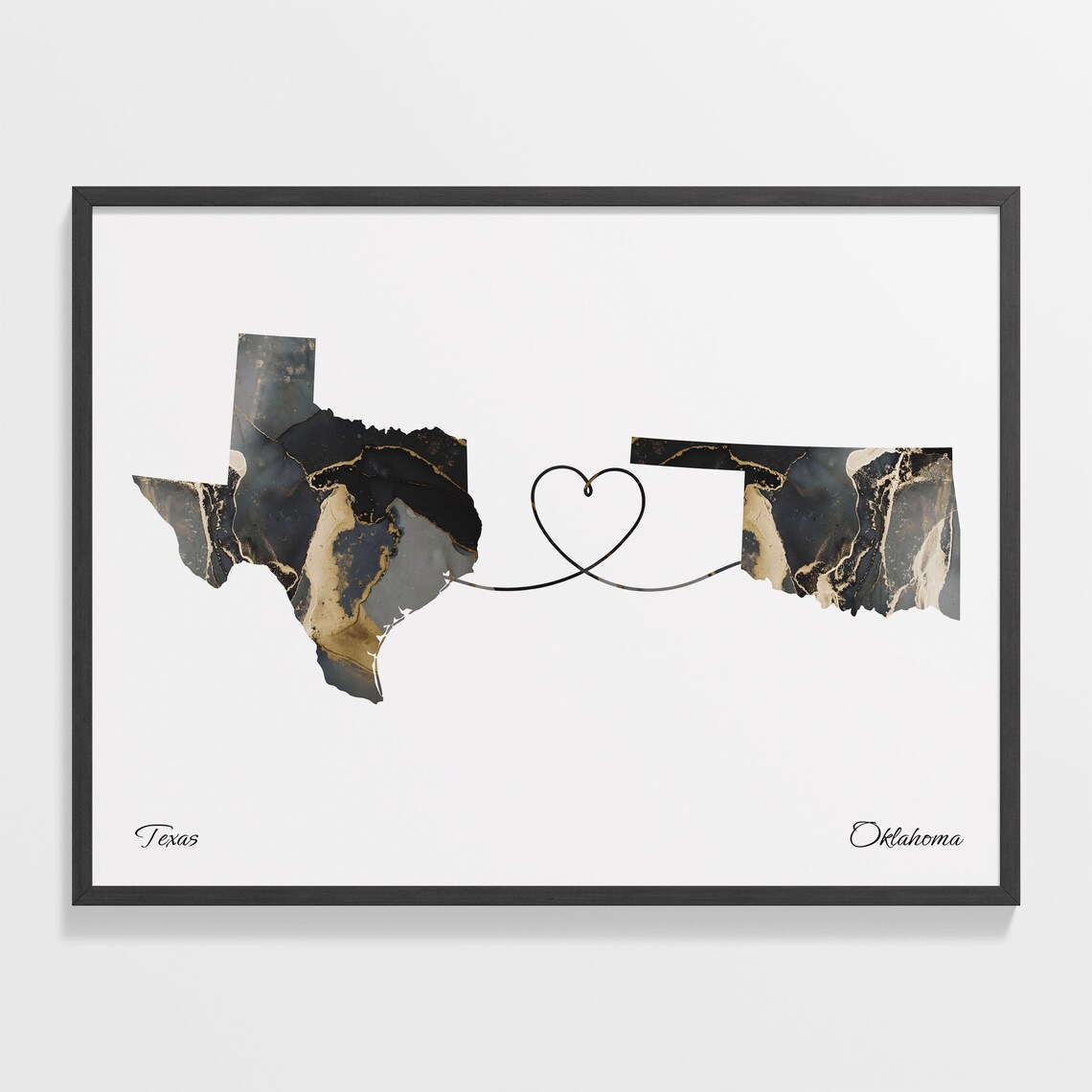 Texas Oklahoma Long Distance Love Black Marble Heart Map Poster