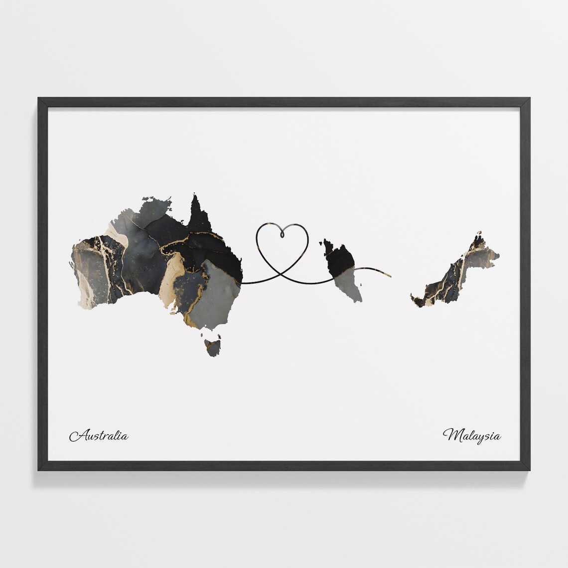Australia To Malaysia Marble Heart Map Two Country Long Distance Gift Poster