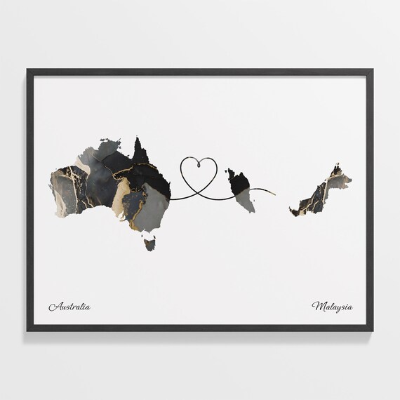 Australia To Malaysia Marble Heart Map Two Country Long Distance Gift Poster